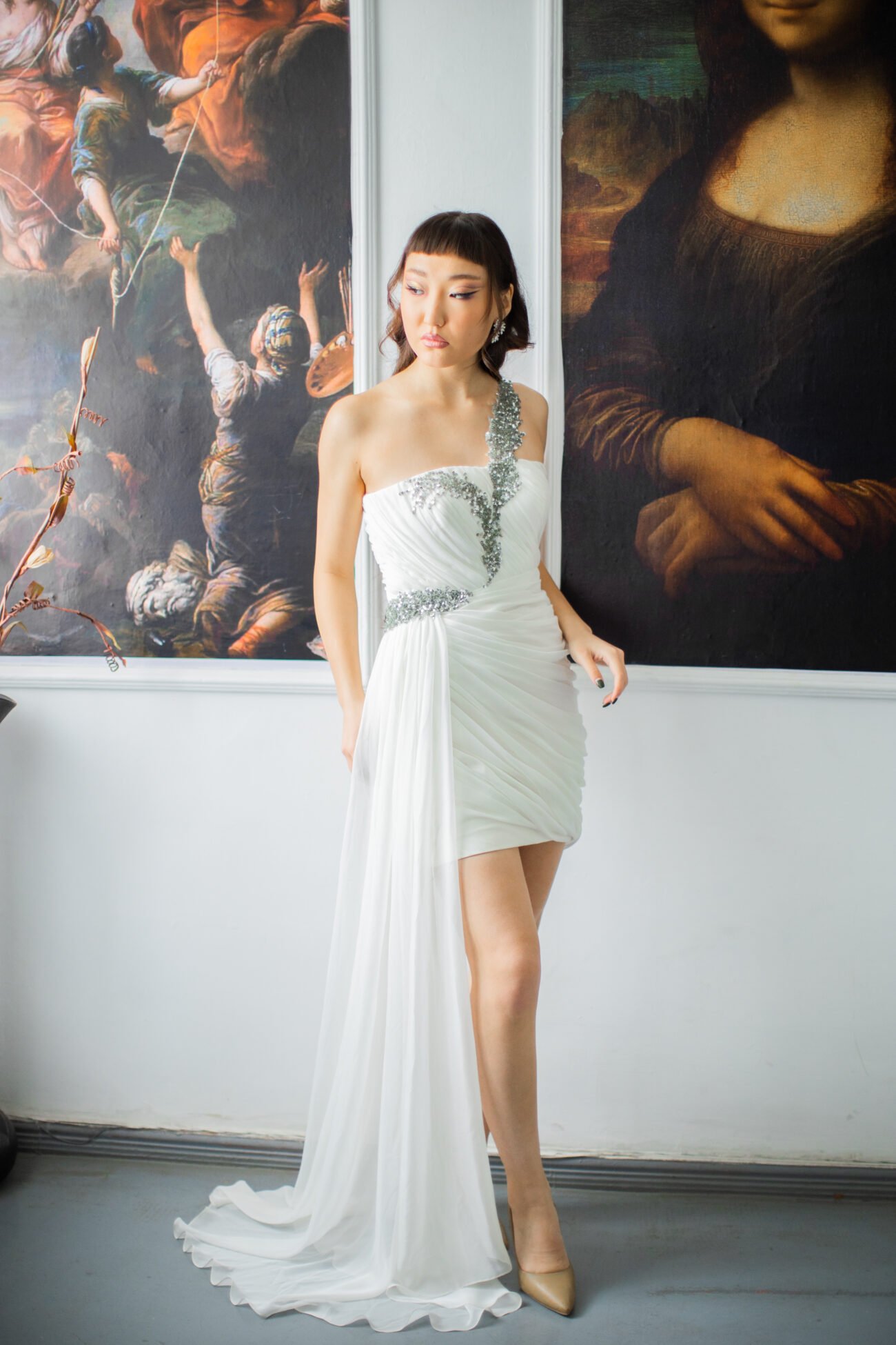 Embellished One-Shoulder Mini Dress