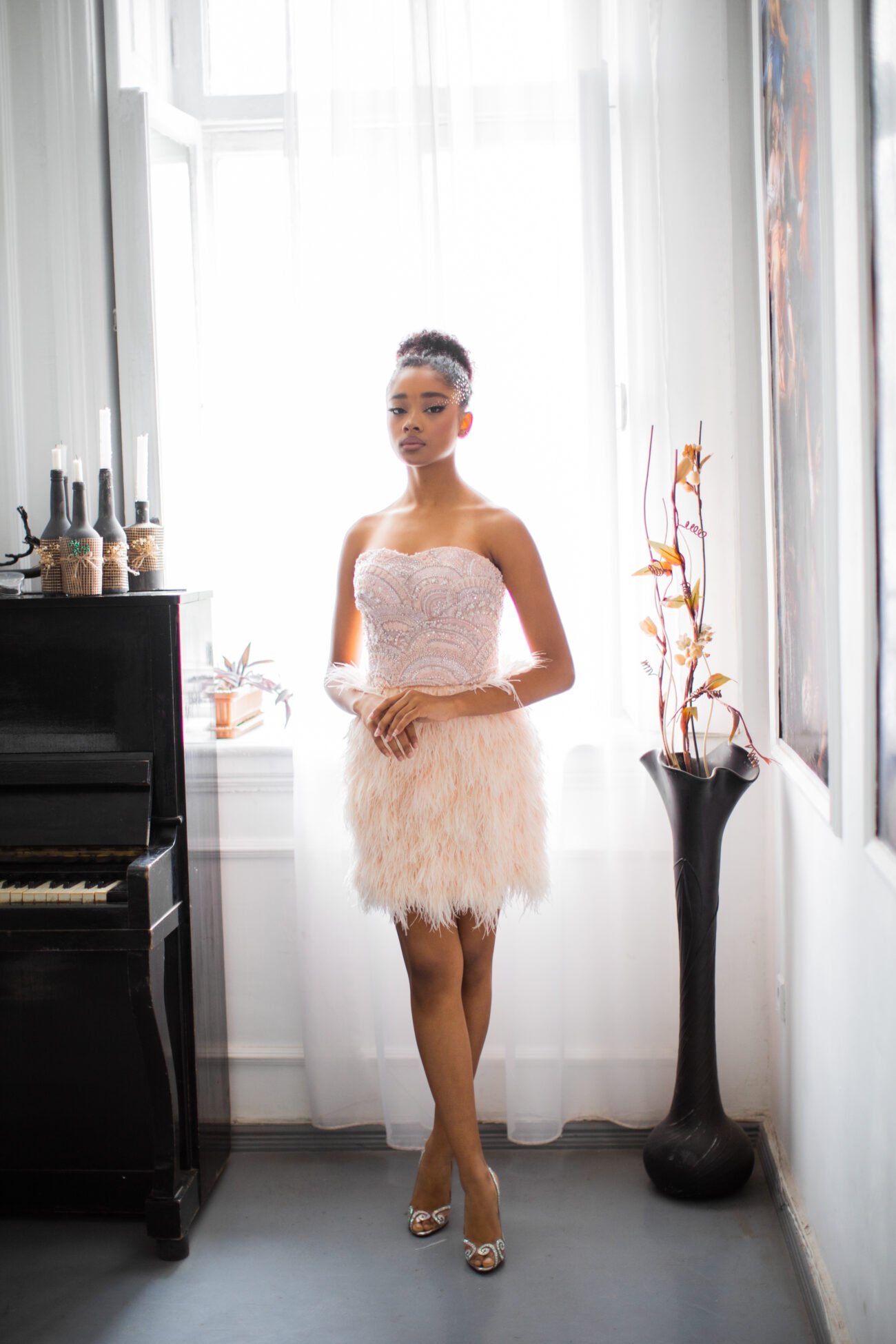 Embellished Feather-Trim Mini Dress - Image 3