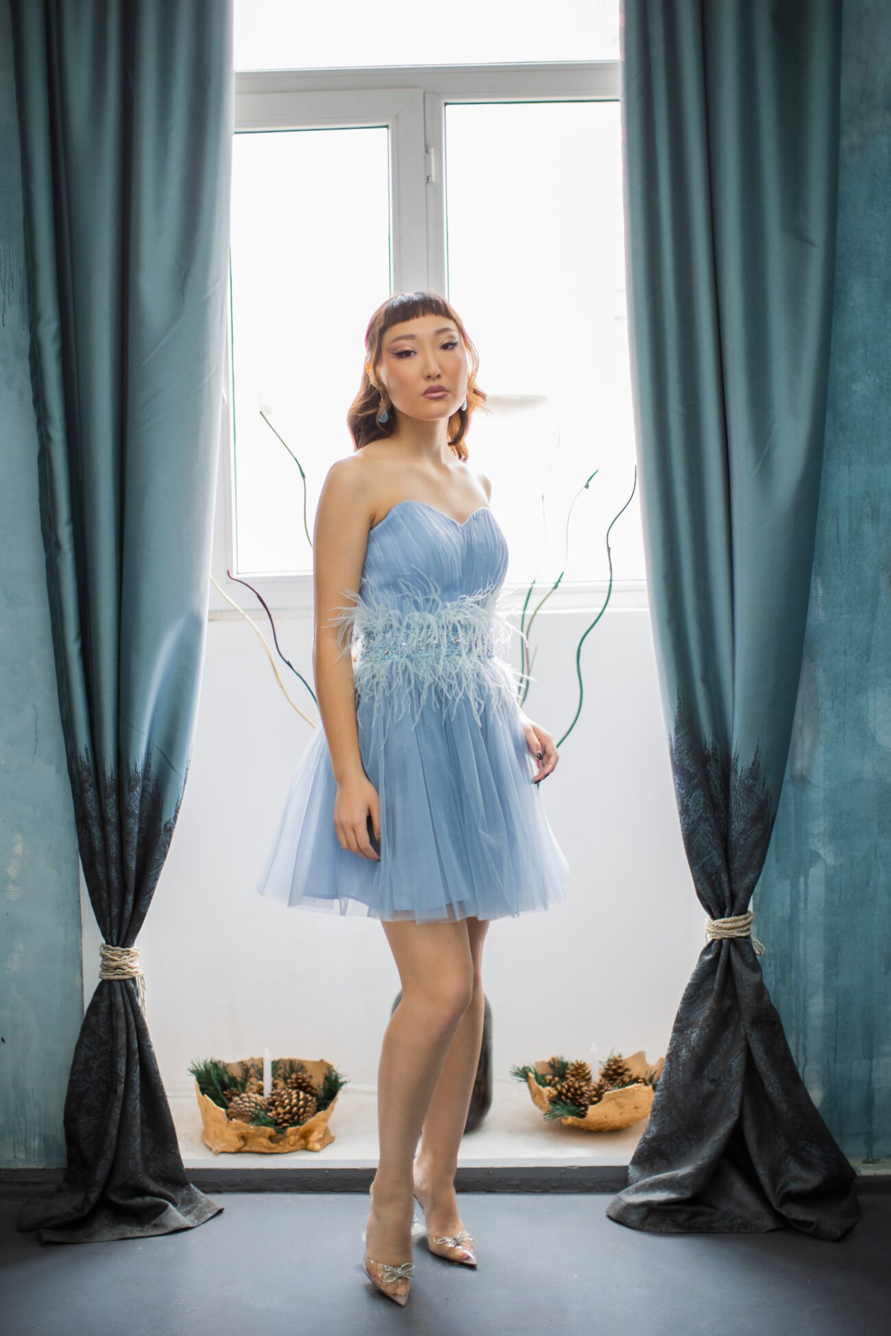 Feather-Trimmed Tulle Mini Dress