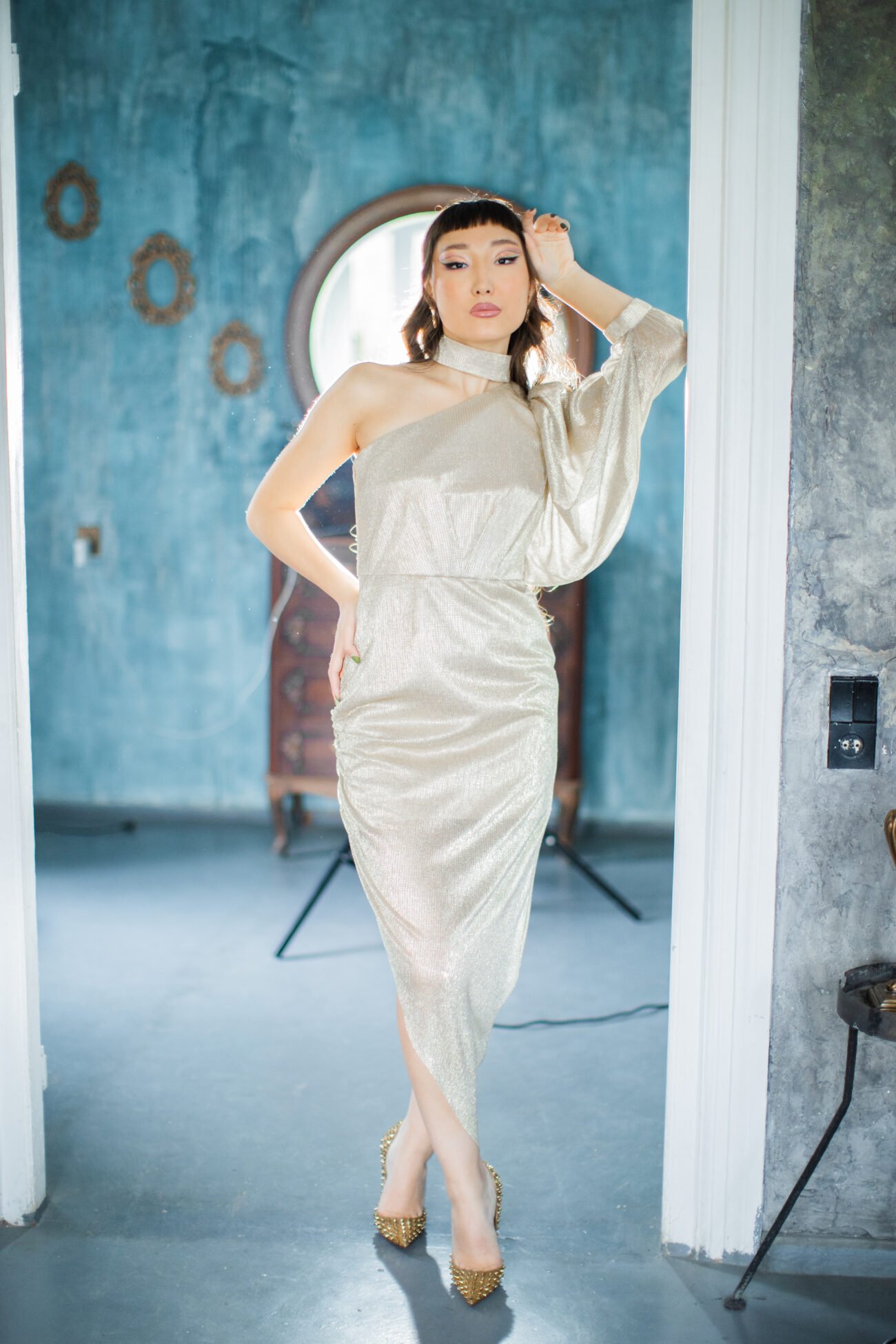 Metalic One-Shoulder Draped Dress - Image 3