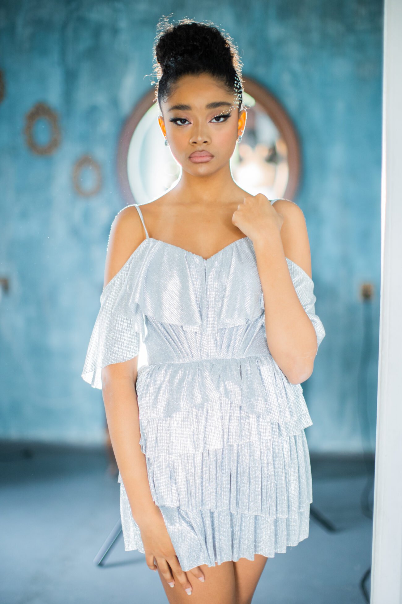 Metallic Tiered Ruffle Mini Dress - Image 2