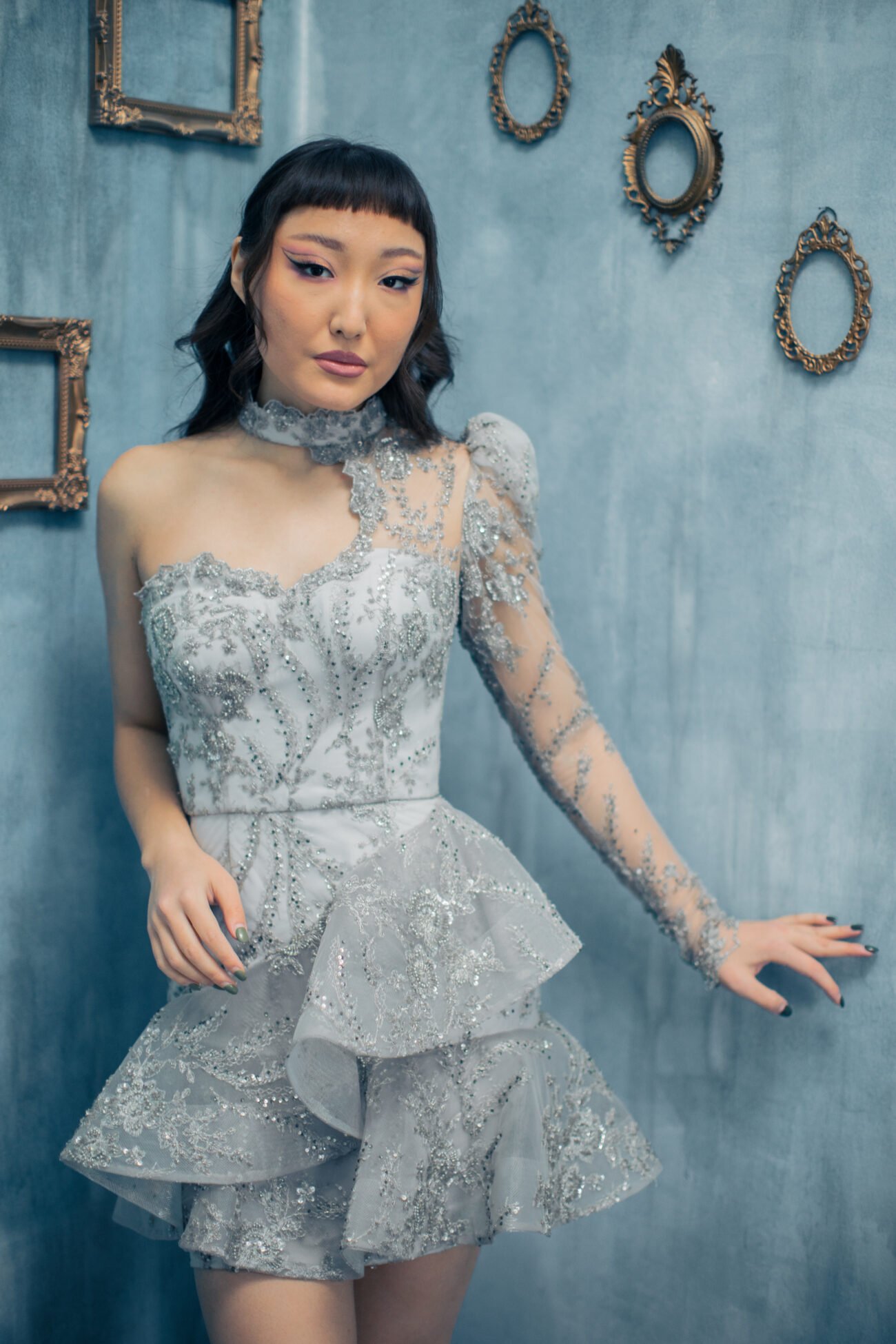 Silver Lace Asymmetric Cocktail Dress