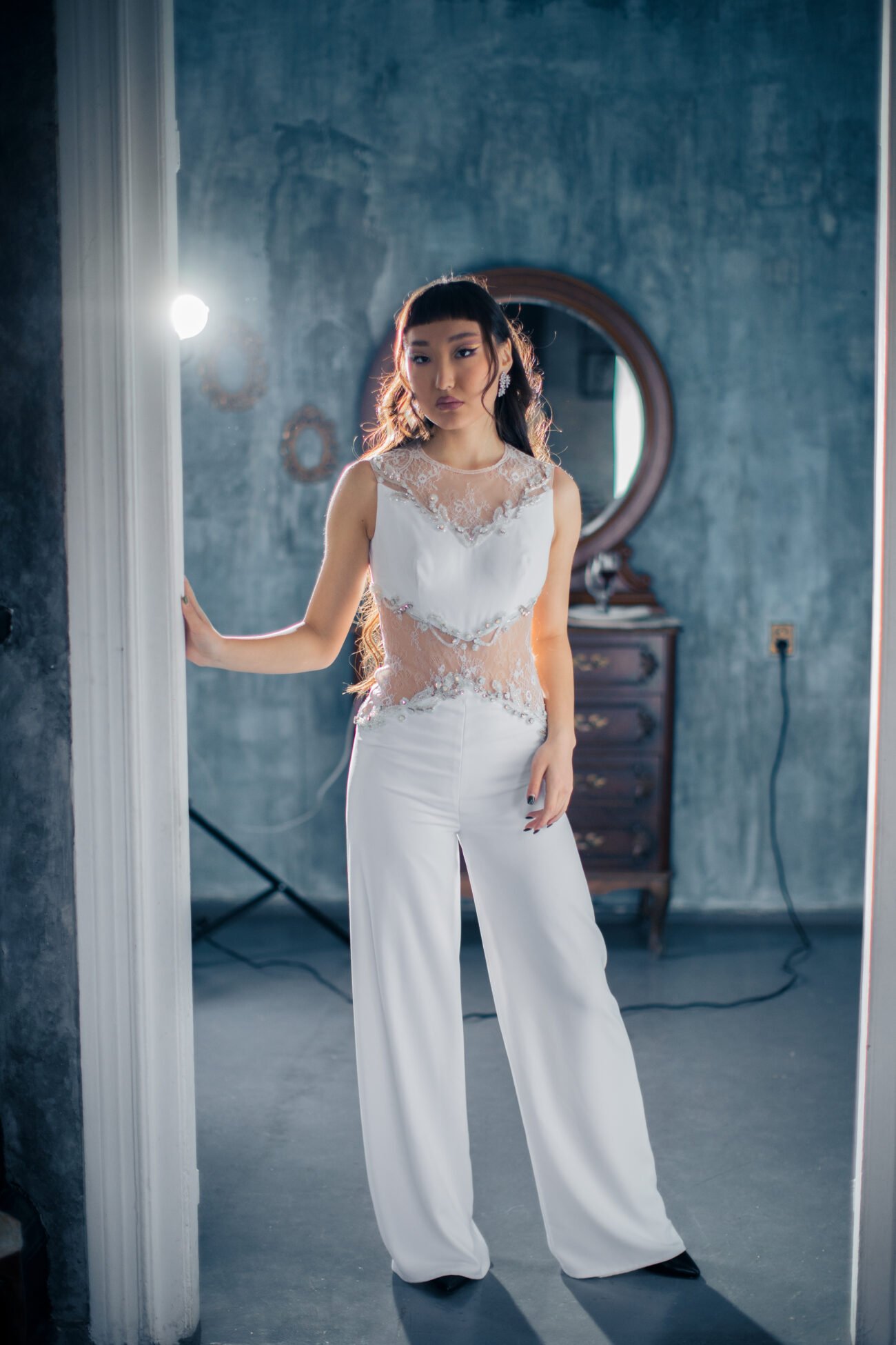 White Lace & Crepe Wide-Leg Jumpsuit