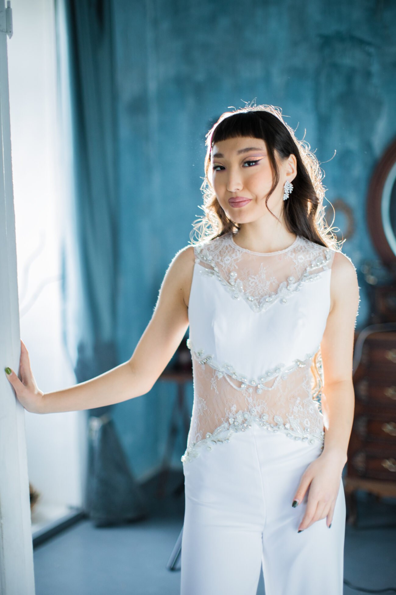 White Lace & Crepe Wide-Leg Jumpsuit - Image 2