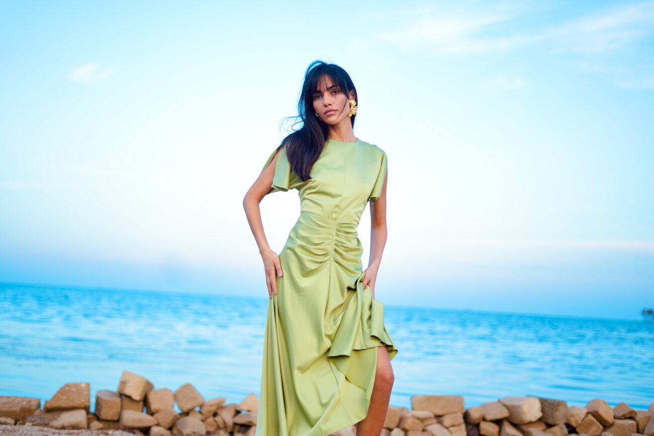 Satin Midi Dress with Ruched Waist - Image 2