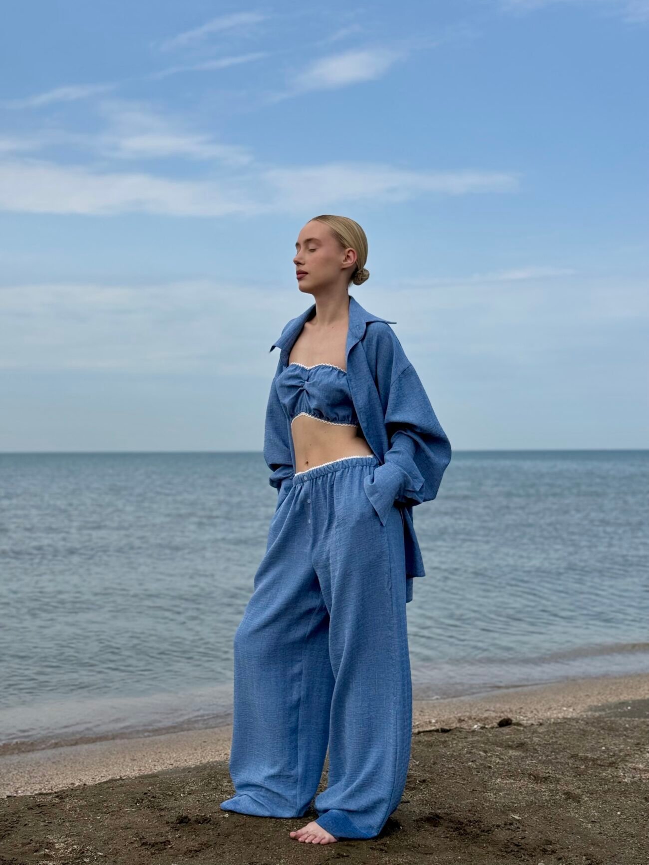Blue Linen-Blend Three-Piece Set