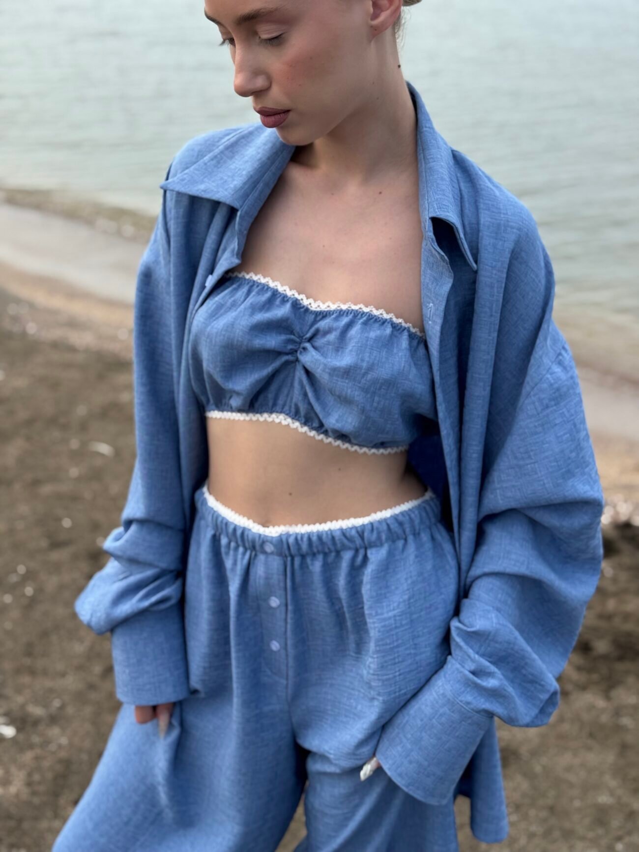 Blue Linen-Blend Three-Piece Set - Image 2