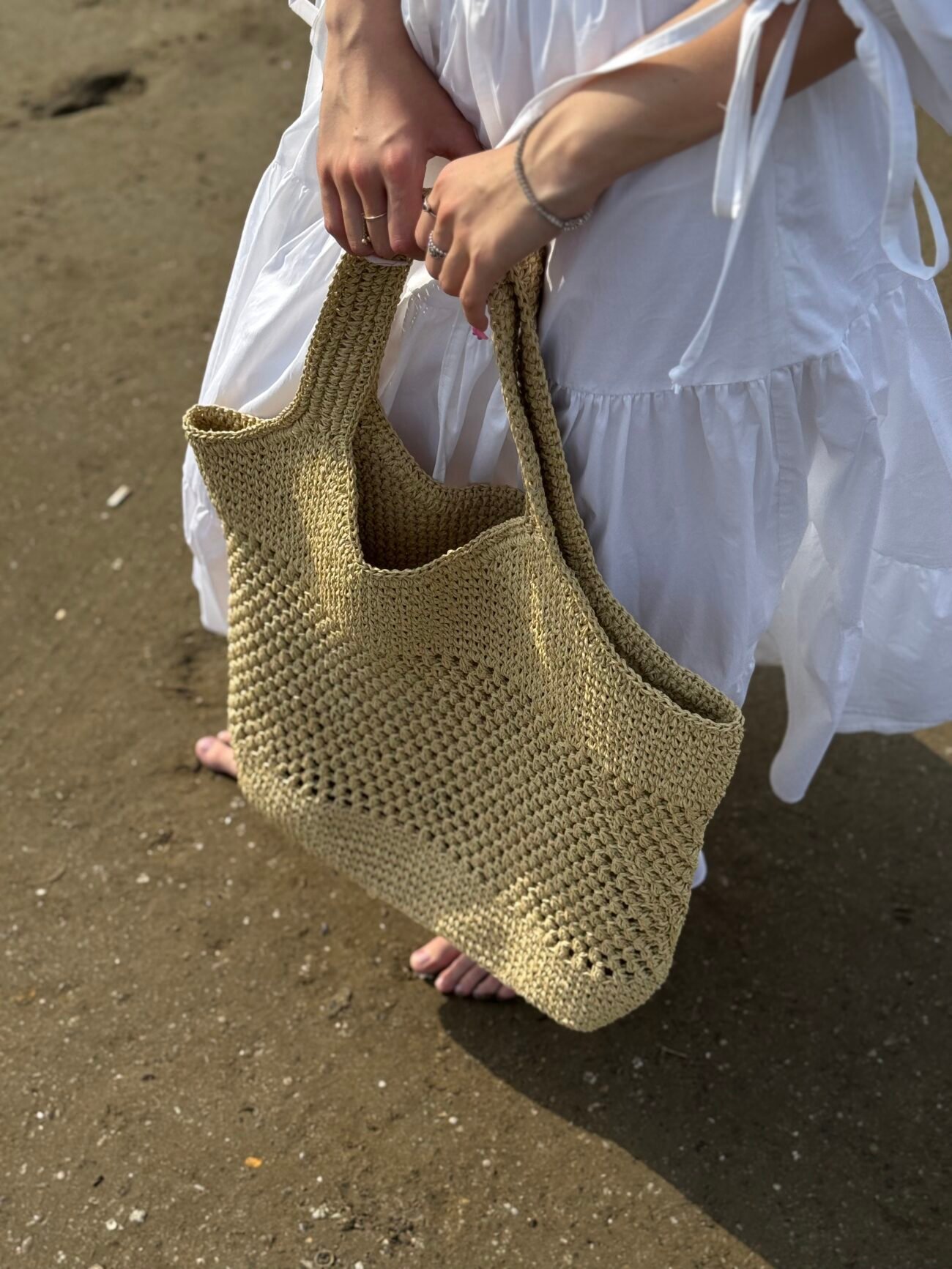Large Handwoven Straw Tote Bag in Natural Beige - Image 2
