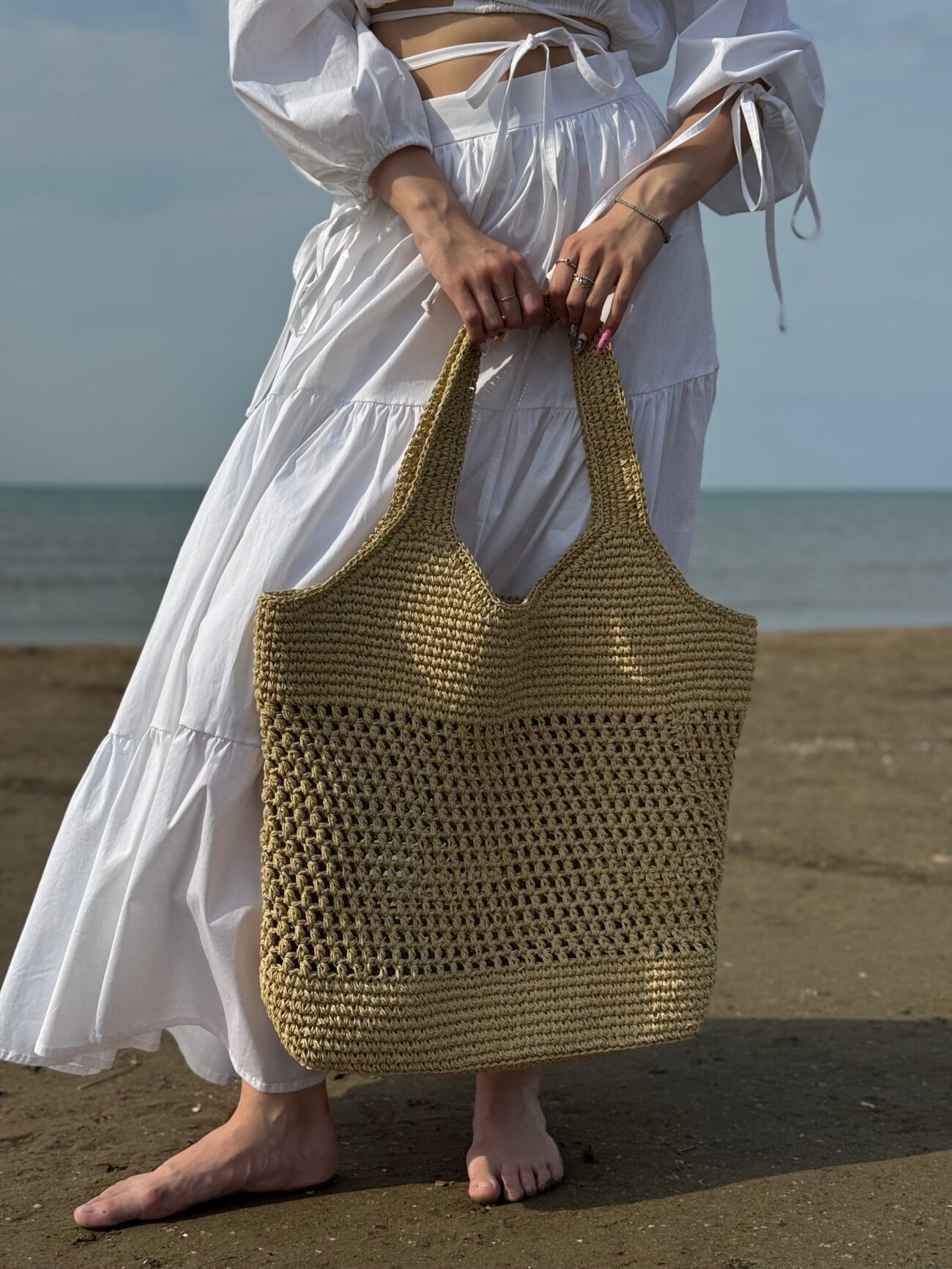 Large Handwoven Straw Tote Bag in Natural Beige