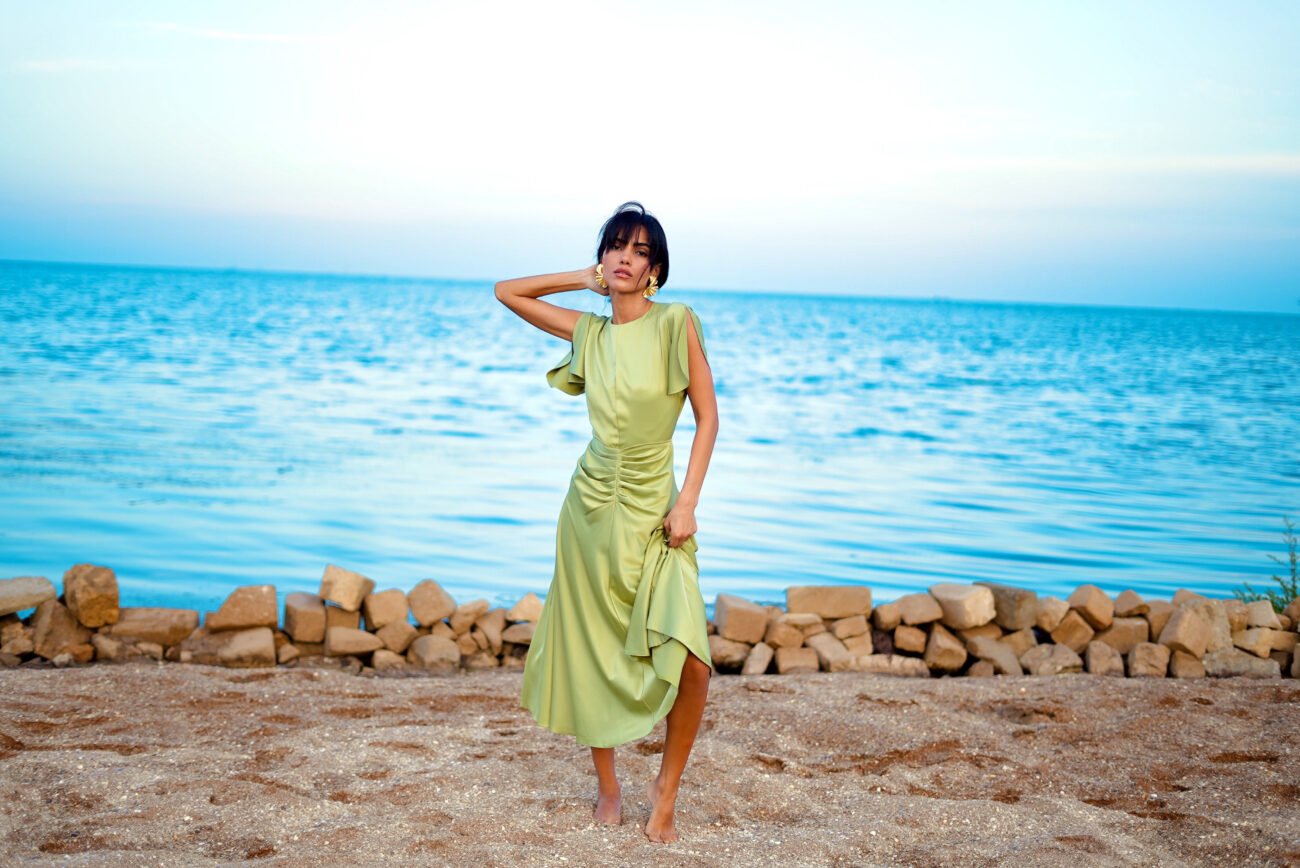Satin Midi Dress with Ruched Waist - Image 4