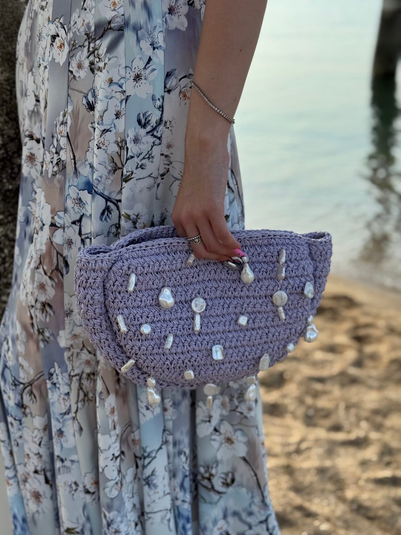 Lilac Crochet Clutch with Pearl Embellishments