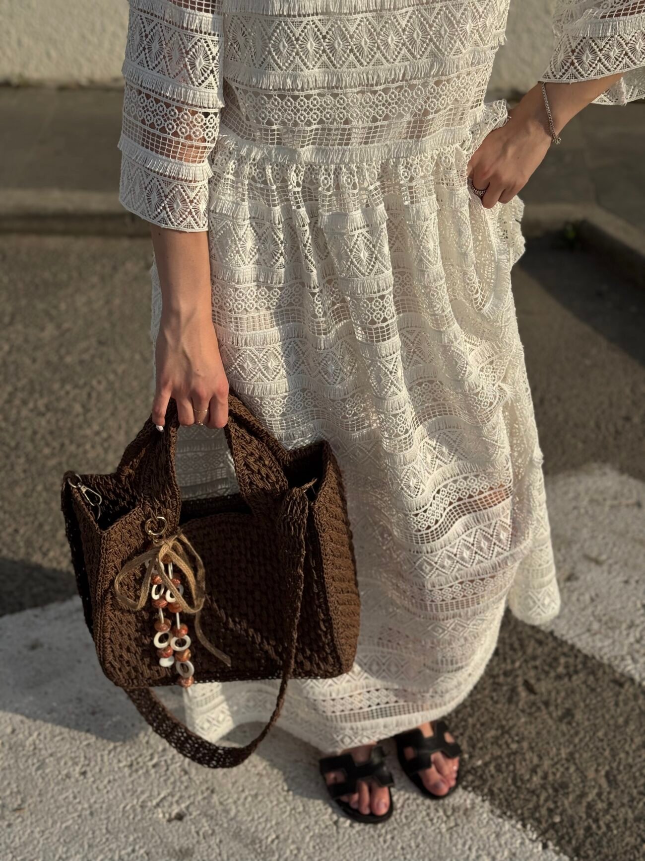 Brown Woven Tote Bag with Seashell Charm - Image 2