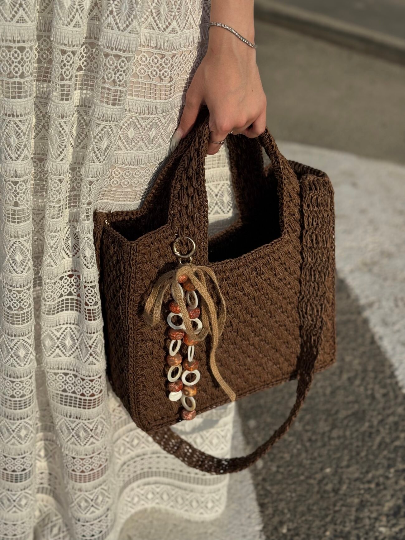 Brown Woven Tote Bag with Seashell Charm