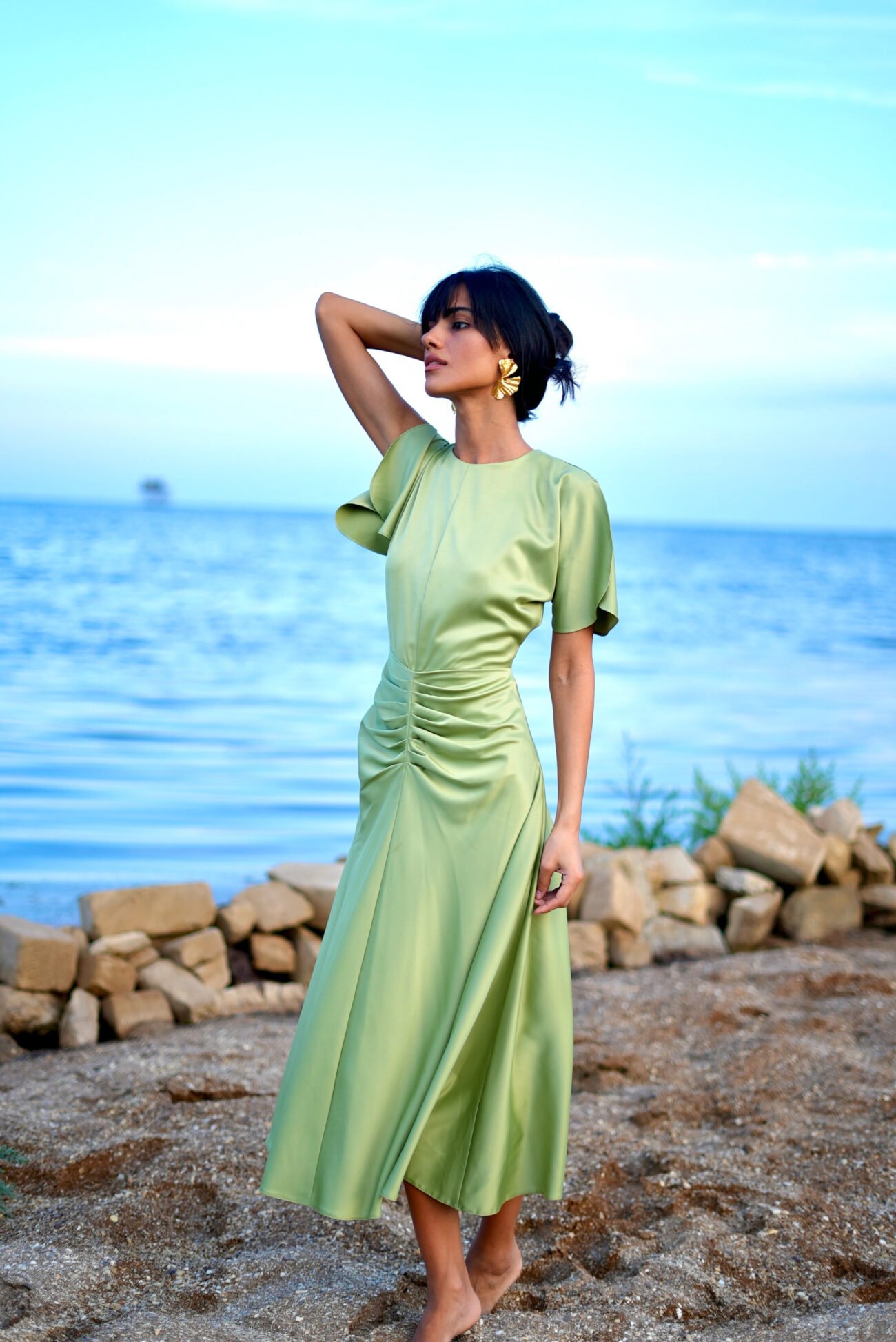 Satin Midi Dress with Ruched Waist
