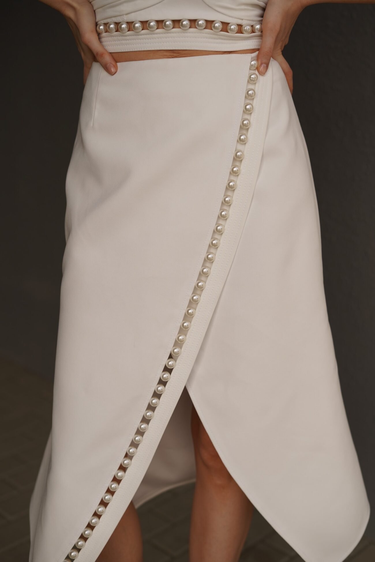 White Wrap Skirt with Pearl-Trim Edge - Image 2