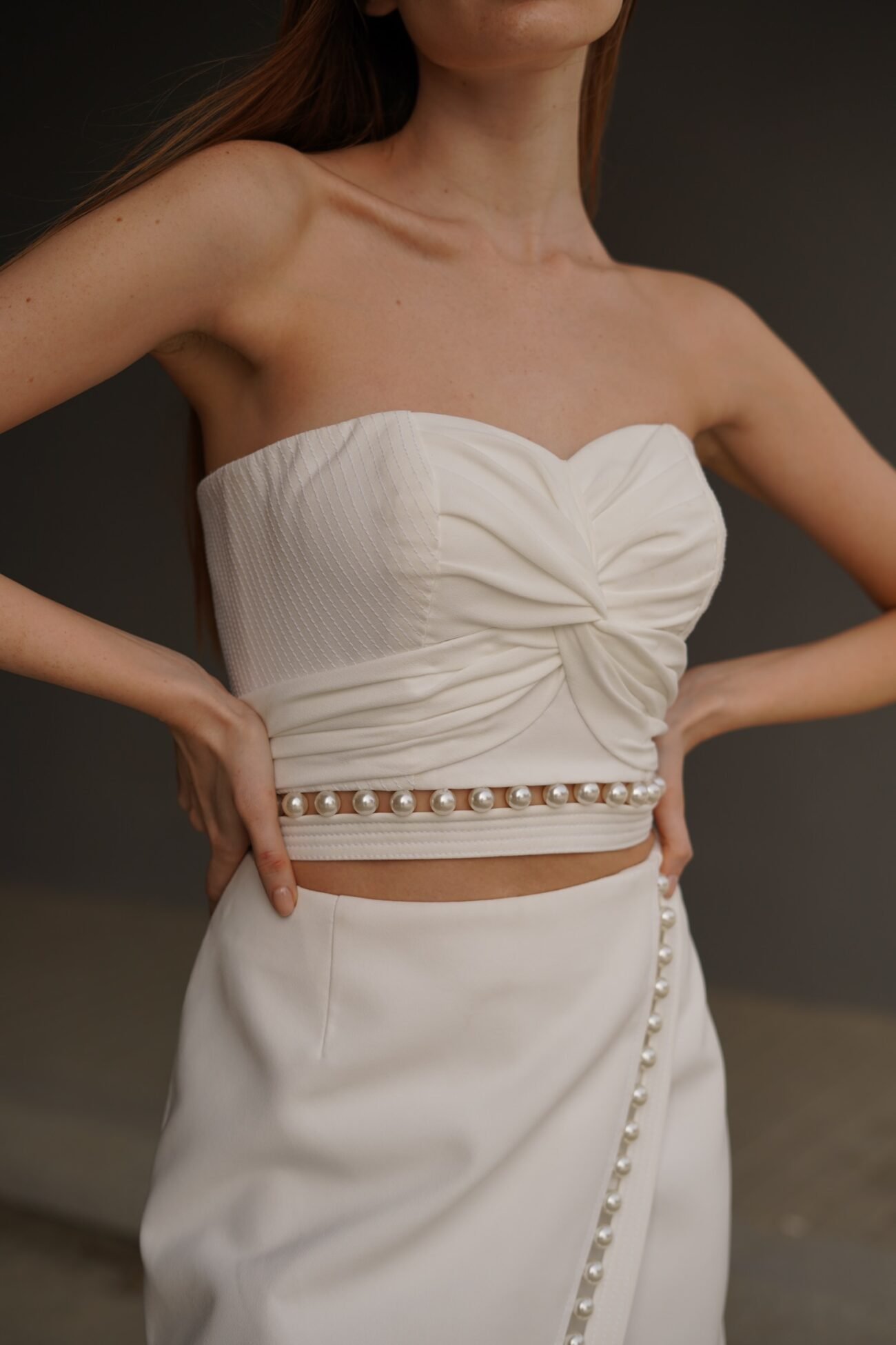 White Strapless Crop Top with Knot Detail and Pearl Trim - Image 2