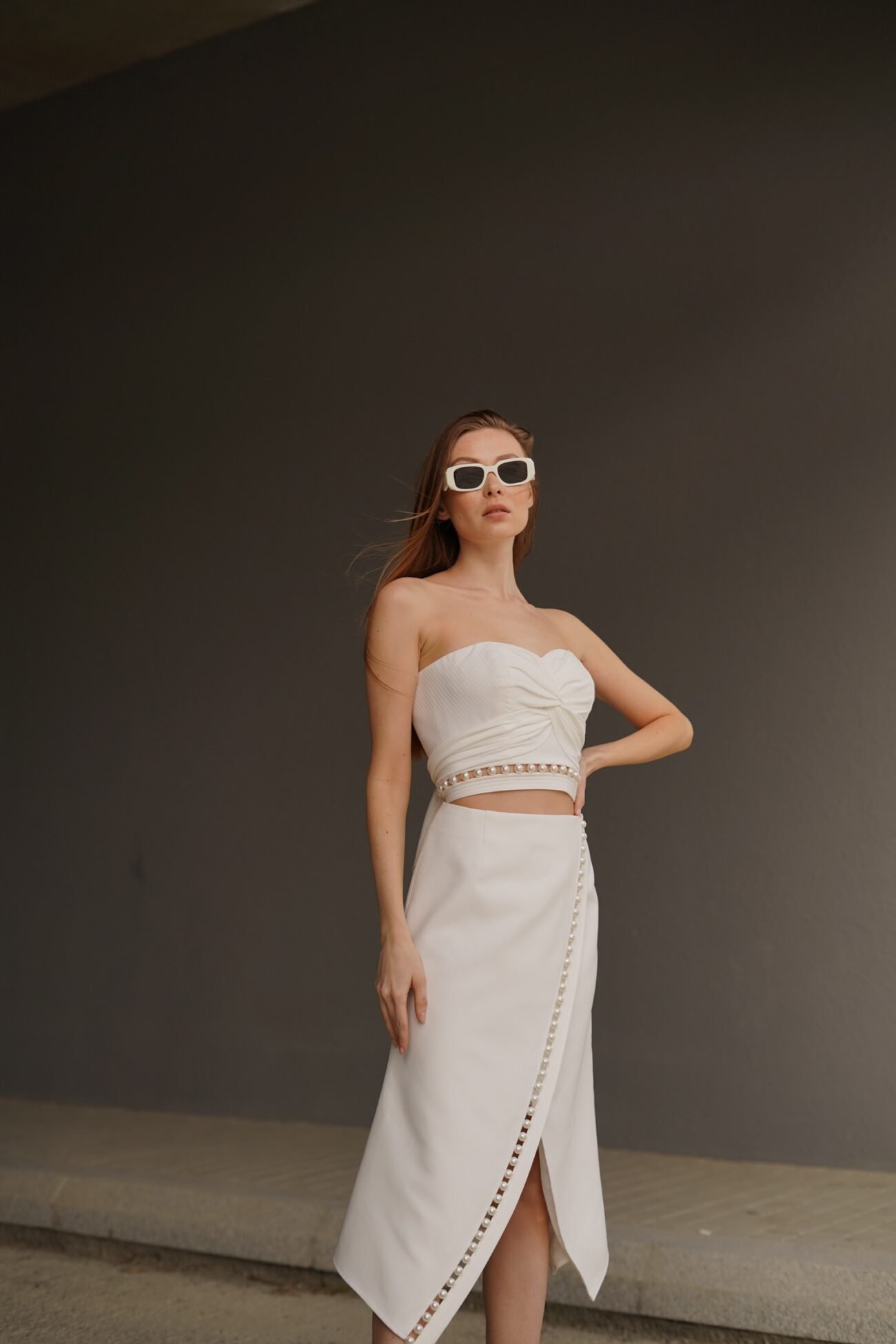 White Wrap Skirt with Pearl-Trim Edge - Image 3